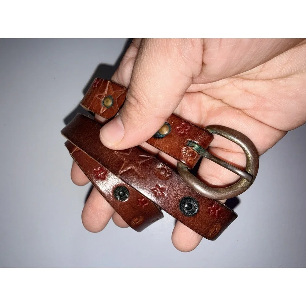 Tooled Leather Belt Red Stars Western Cowgirl Brown‎ Vtg Slim 37